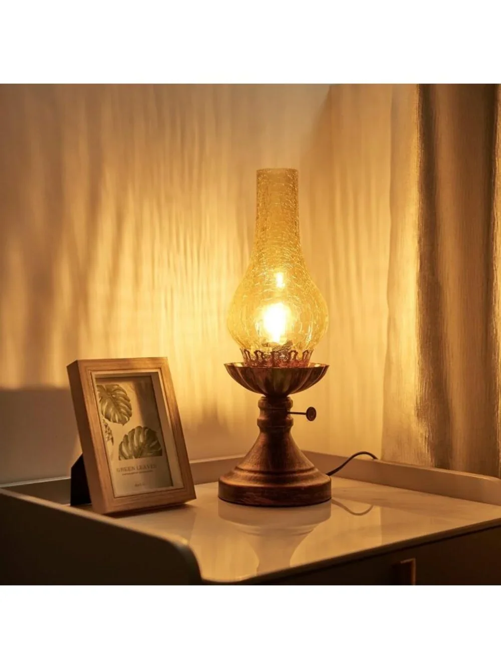 Vintage Rustic Table Lamp - Antique Crackled Glass Farmhouse Desk Light for